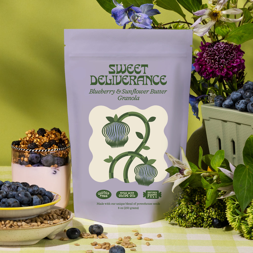 Sweet Deliverance Blueberry Sunflower Butter 8oz bag front label