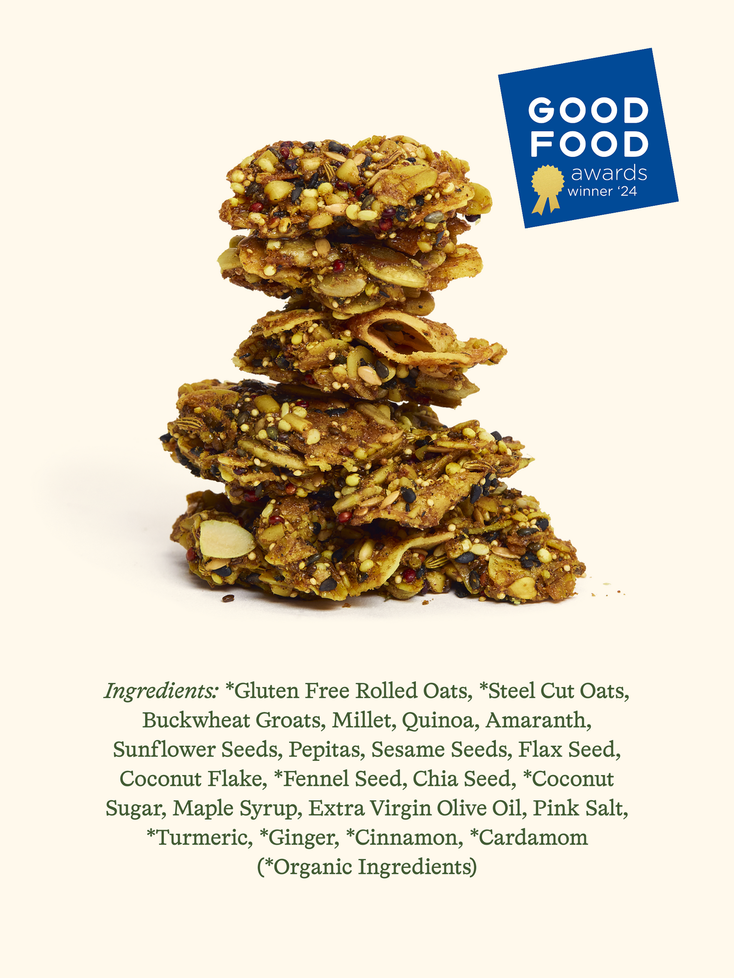 Close-up of golden turmeric granola with pumpkin seeds, chia, and hemp hearts.