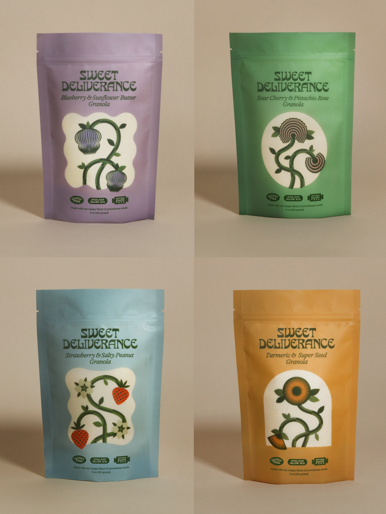 Sweet Deliverance granola variety pack — 5 bags of gluten-free granola lined up