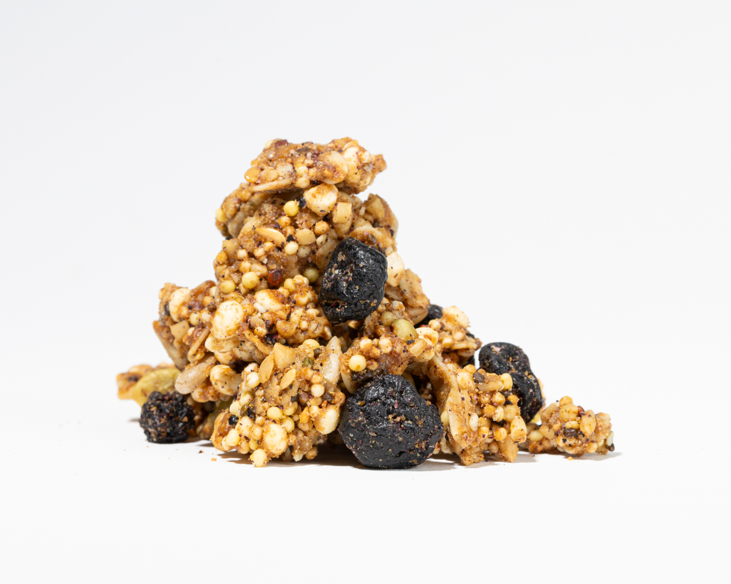 Close-up of blueberry granola with puffed millet, puffed amaranth, and dried blueberries