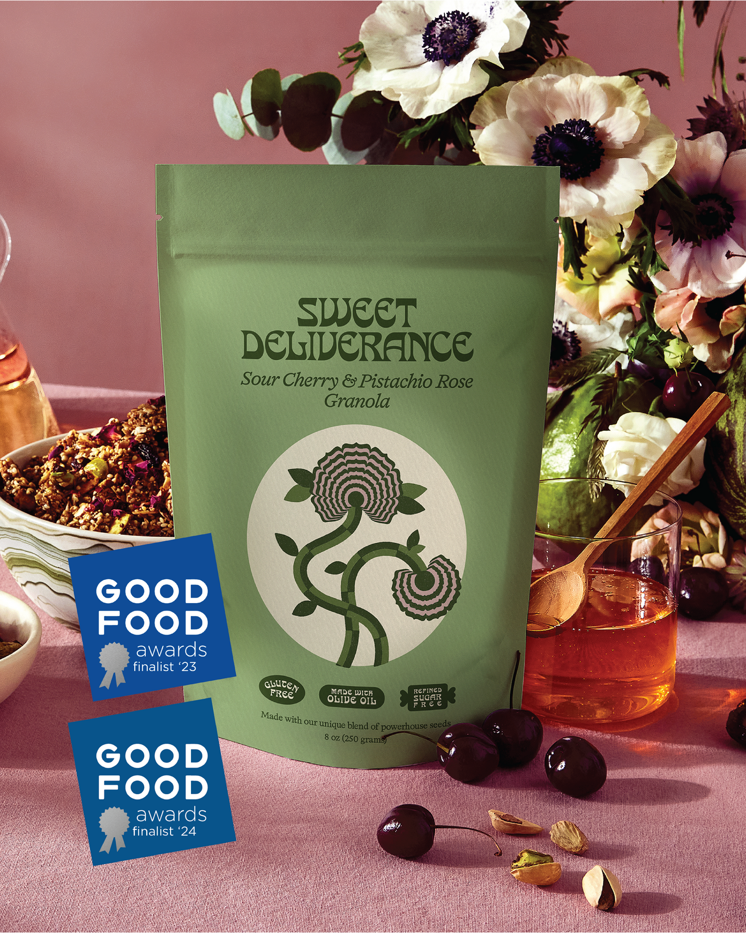 Sweet Deliverance Sour Cherry & Pistachio Rose granola 8oz bag front label showing 2023 and 2024 Good Food Awards finalist