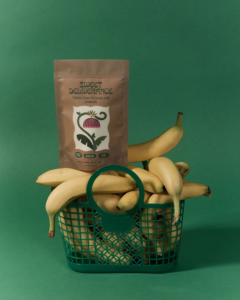 Sweet Deliverance Tahini Date Cacao Nib 8oz bag front label — Seed & Mill collaboration