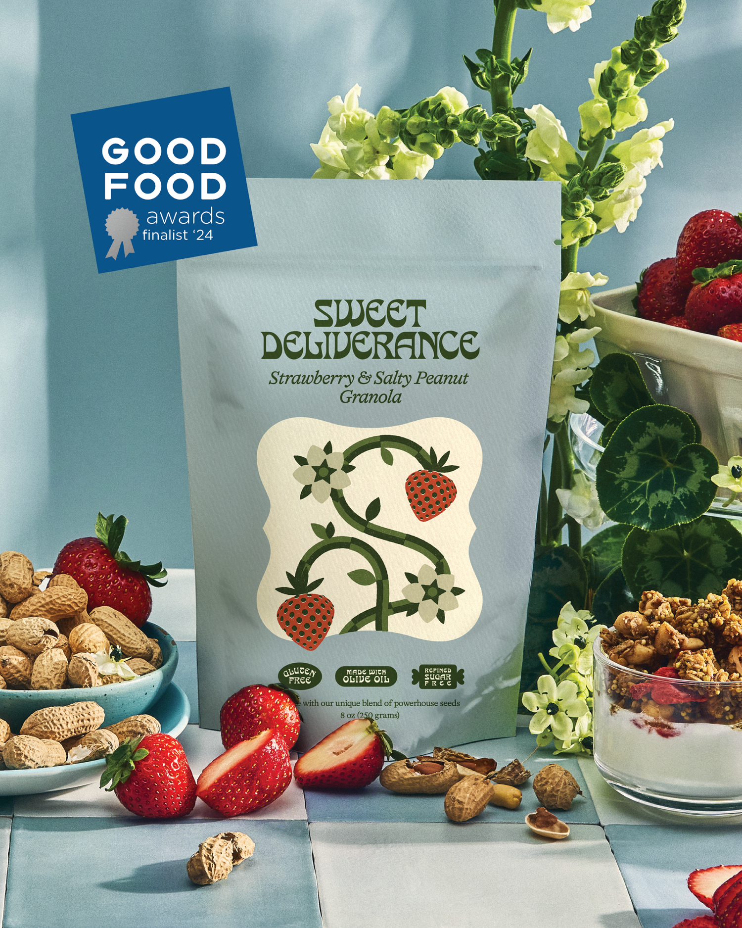 Sweet Deliverance Strawberry Salty Peanut granola 8oz bag front label showing 2024 Good Food Awards finalist
