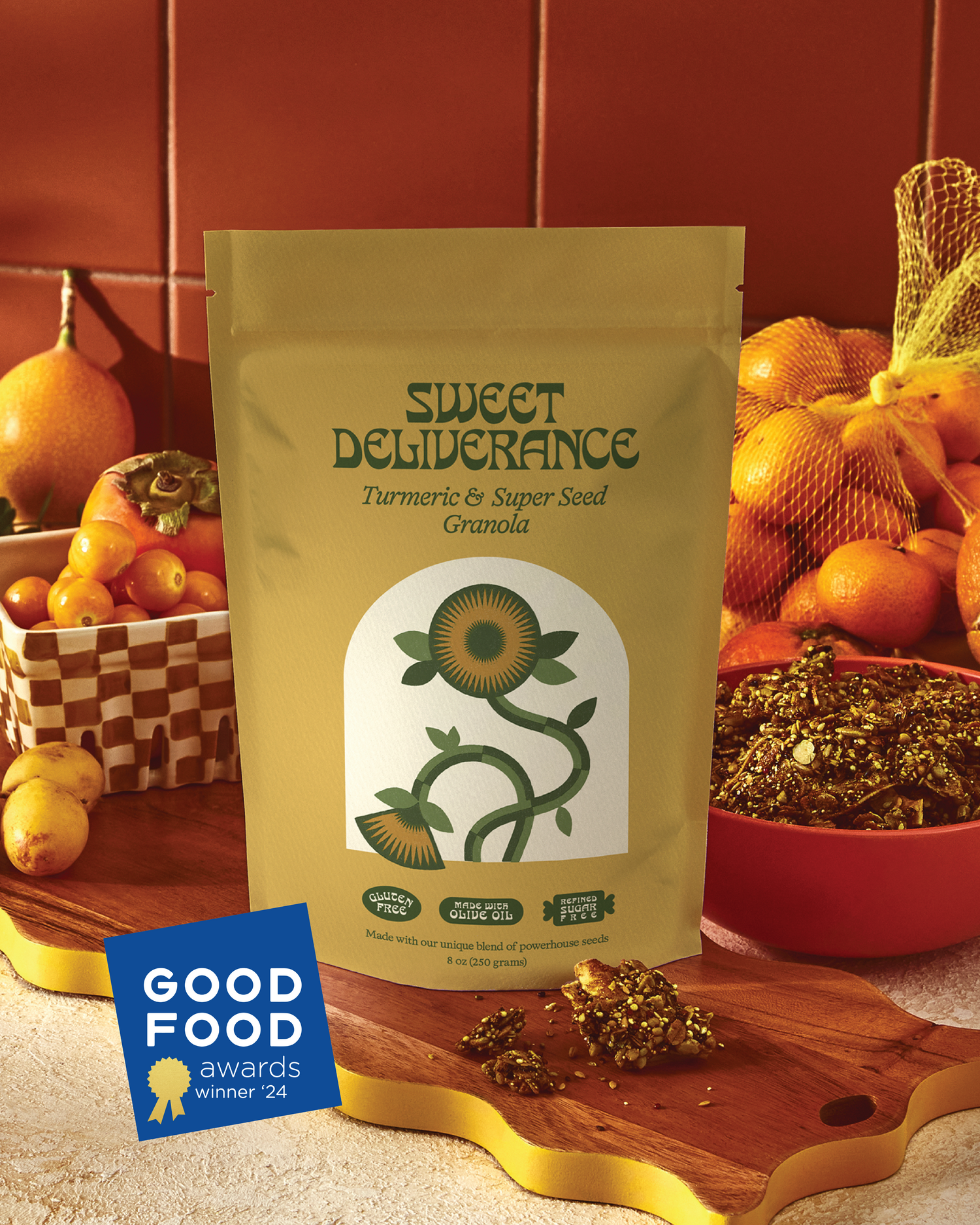 Sweet Deliverance Turmeric granola 8oz bag front label showing 2024 Good Food Awards winner