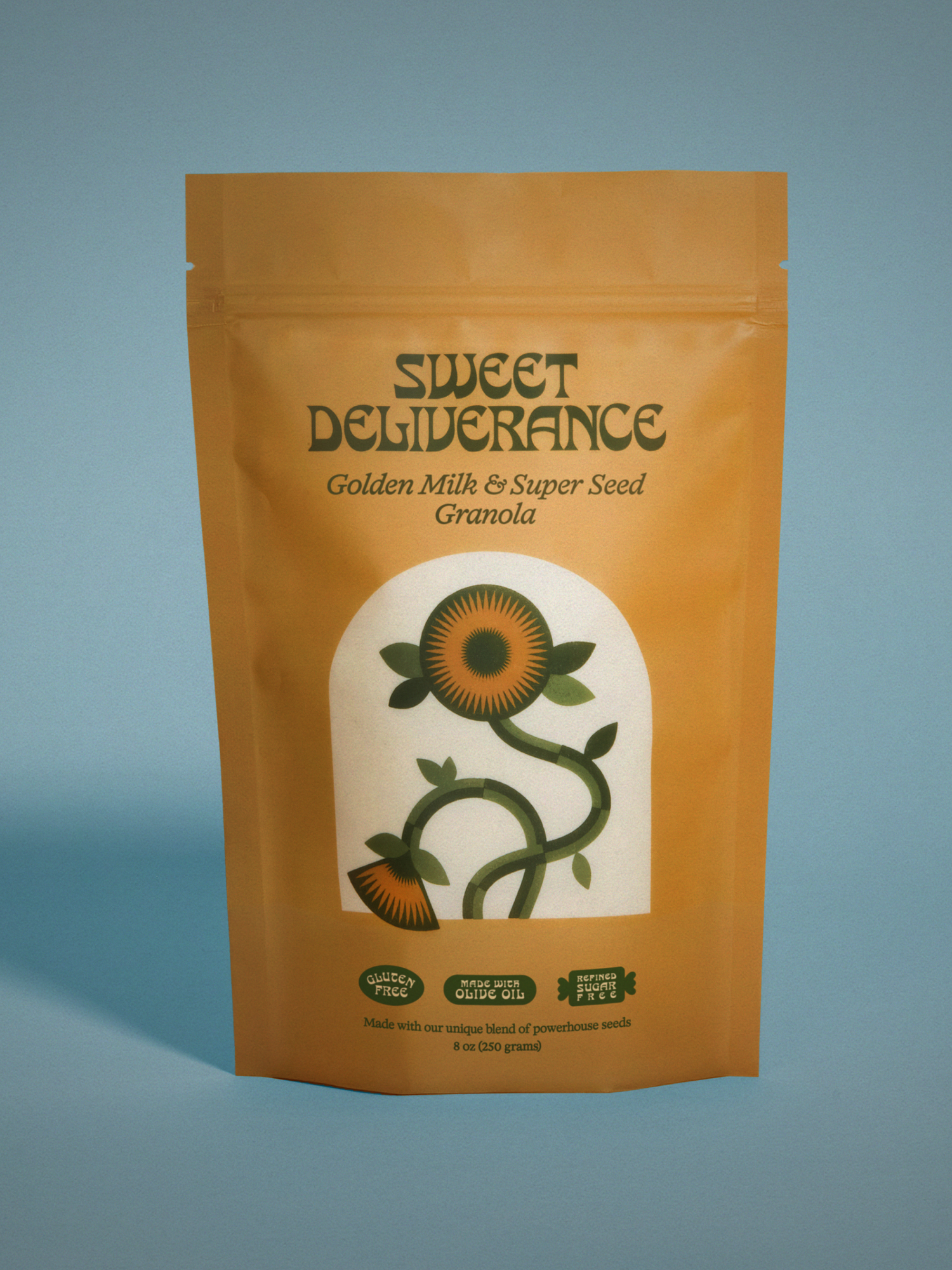 Turmeric Super Seed granola by Sweet Deliverance, 8oz bag on blue background.