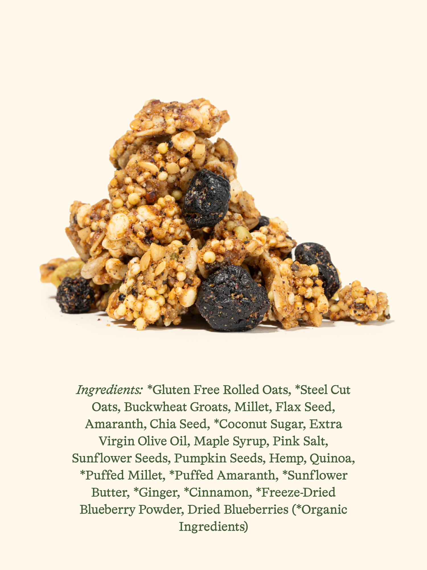 Close-up of blueberry granola with puffed millet, puffed amaranth, and dried blueberries