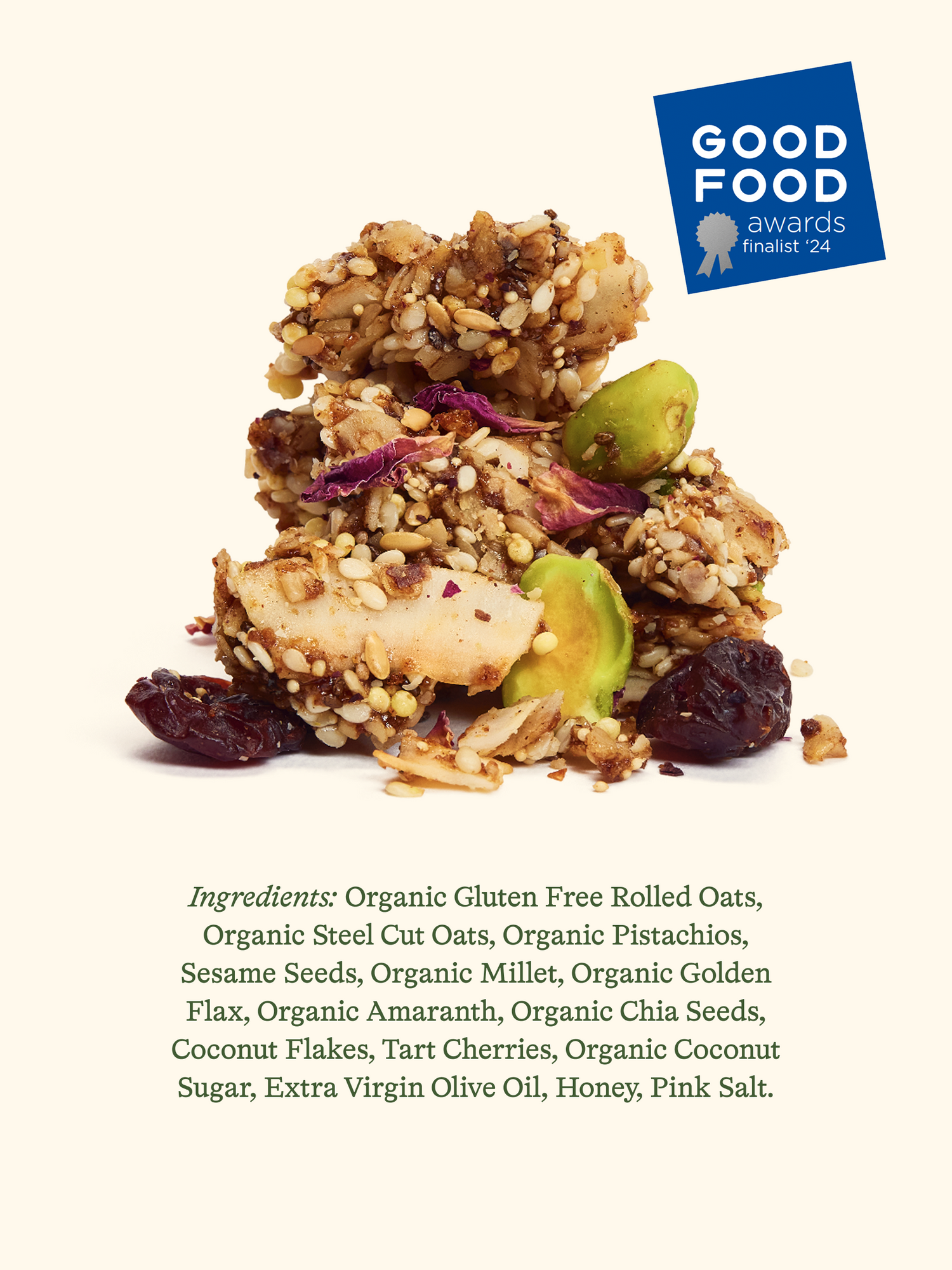 Close-up of pistachio rose granola with dried cherries and edible rose petals
