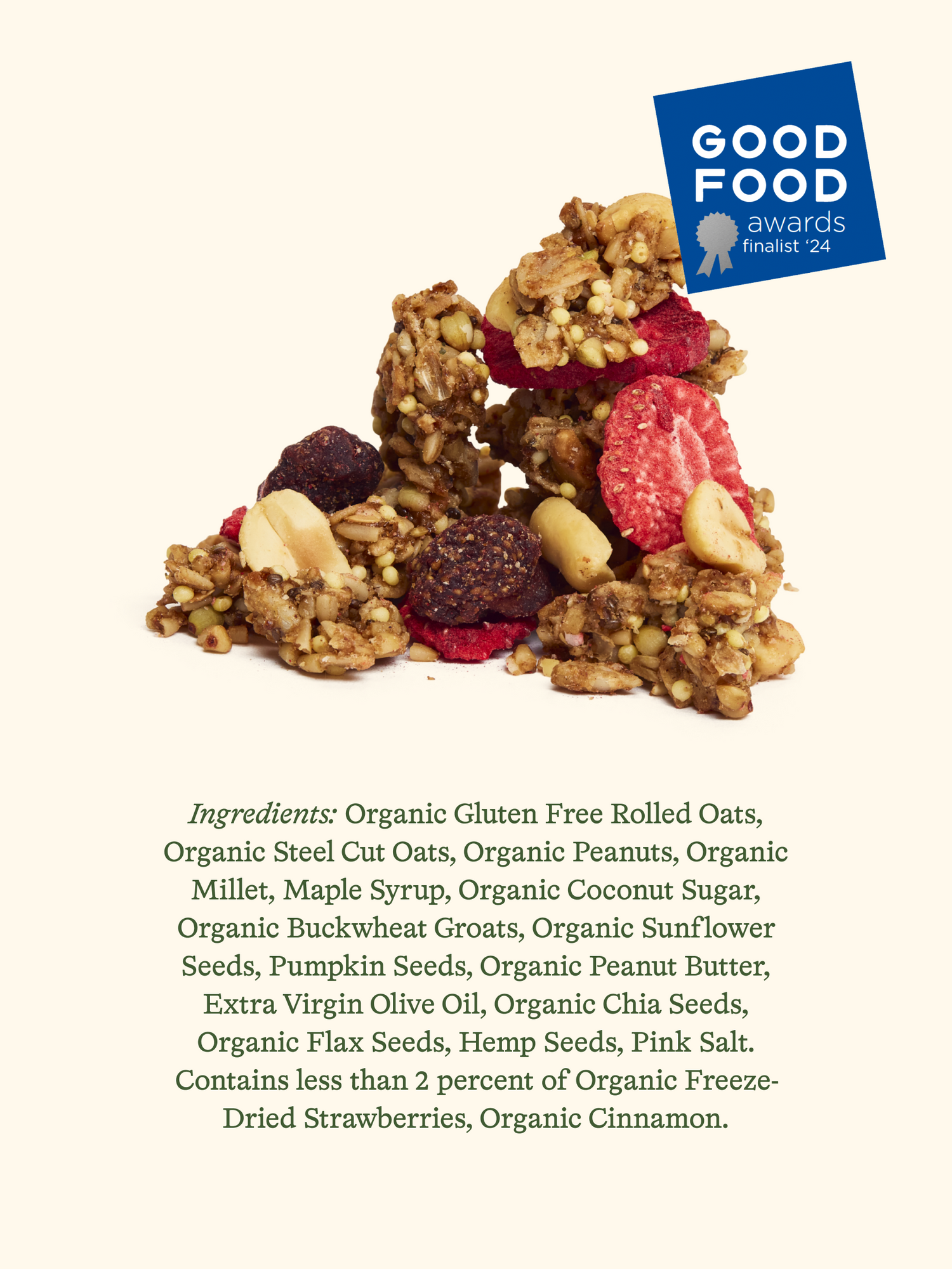 Close-up of peanut strawberry granola with visible freeze-dried strawberries and peanuts