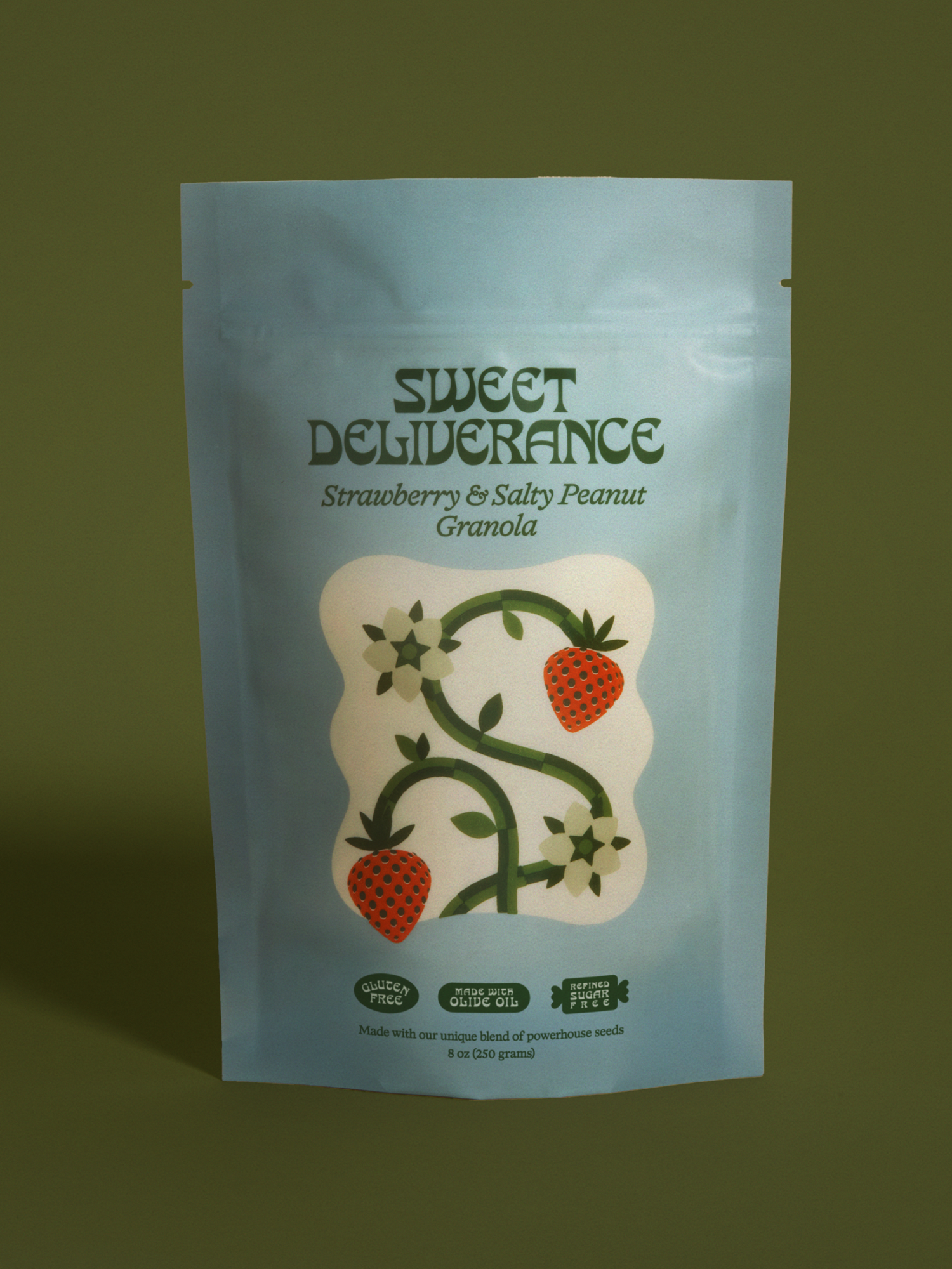 Strawberry and Salty Peanut granola by Sweet Deliverance on a green background